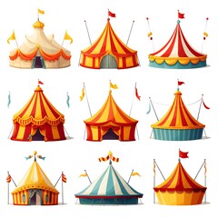 Fototapeta premium Colorful Circus Clowns and Tents Set for Festive Entertainment Event on White Background