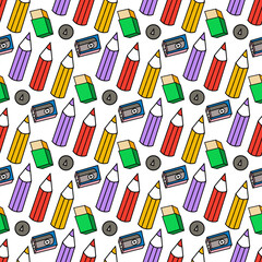 Colorful childish style geometric seamless pattern with various brush strokes and shapes. Scribbles, doodle lines, geometric brush strokes. background with contemporary playful basic figures.