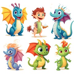 Obraz premium Collection of Dragon and Fairy Tale Cartoon Characters in Vibrant Colors