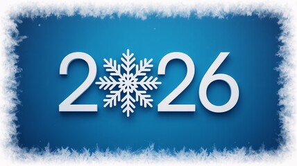 White 2026 New Year Design with Snowflake on Blue Background Winter Frost Border