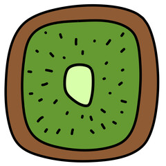 A simple vector illustration of a kiwi fruit slice viewed from above, featuring a green center with black seeds. Hand drawn kiwi design.