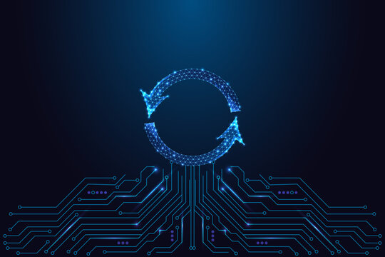 AI automation cycle arrows on circuit board, process refresh and system loop concept illustration