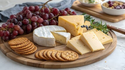 A wooden board holds an assortment of cheeses, grapes, and crackers, perfect for a wine and cheese party