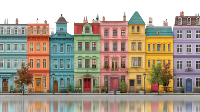 Vibrant colorful buildings urban waterfront cityscape frontal architectural cut out png
