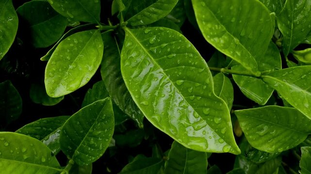Raindrops on a green leaf in June, Weather or environment