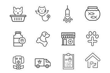Veterinary line stroke icon set. Pets, medical history, health care, vet, vaccines, test, dental care, pet care service, diagnosis, veterinary clinic icons. Editable vector illustration