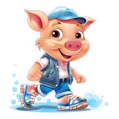 Fototapeta premium Cute Pig Wearing Roller Skates on Transparent Background for Children's Book Illustrations