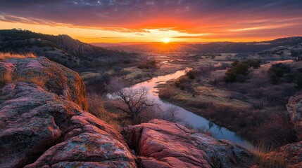 Orange-crimson sunset over the valley at Wichita mountains wildlife refuge near Lawton, Oklahoma