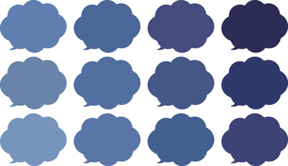 All the bubbles have a distinctive, rounded, cloud-like, or scalloped edge design. This vector image features twelve speech bubbles.