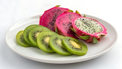 Slices of kiwi and dragonfruit arranged on a white plate, isolated on white background