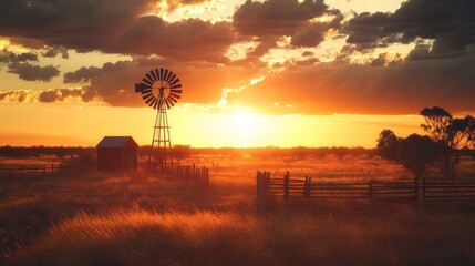 Golden sunset over a rustic farm landscape