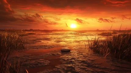 Tableau sur aluminium Paysages Peaceful sunset over coastal marshland with golden light reflecting on water and tall grasses  © Riffat