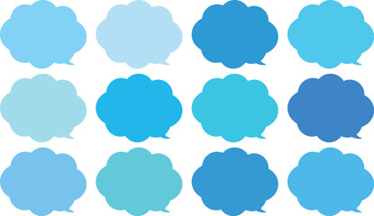 青い雲の形をしたモコモコの吹き出しセット。田１２色の青色のふきだし。使いやすいセット。
