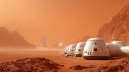 Structures designed for human habitation are set against the Martian landscape, where efforts to cultivate plants and establish a permanent settlement are underway