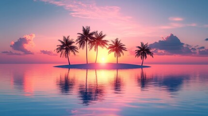 Sunset over a tropical island with palm trees and calm ocean waves, 3d illustration