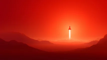 Gardinen A spacecraft descends on Mars, leaving a bright trail of rocket flames against a vivid red sky. The Martian landscape is silhouetted in the foreground, hinting at future colonization © ChaoticDesignStudio