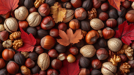 Colorful autumn display of assorted nuts and leaves on a rustic surface