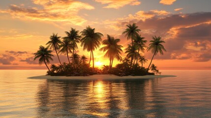 Obraz premium Sunset over a tropical island with palm trees and calm ocean waves, 3d illustration