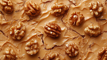 Delicious walnuts placed on creamy caramel spread with texture and color contrast in a rustic setting