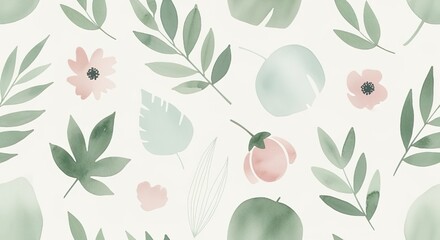 A watercolor floral pattern with soft green leaves and delicate pink flowers on a white background, perfect for spring or feminine designs.
