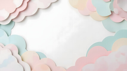 Whimsical pastel cloud background with soft layered paper shapes