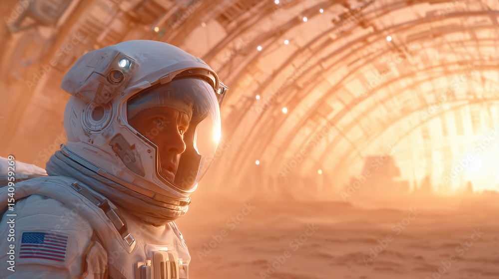 Poster an astronaut stands within a martian base, illuminated by a soft orange glow from the martian landsc