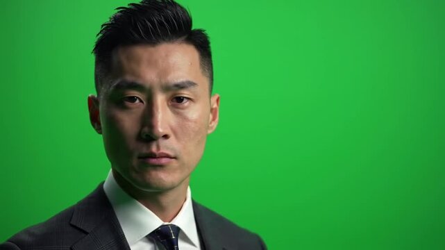 An Asian man standing without saying a word, very well dressed and with his hair done, just staring at the camera, against a green screen background.