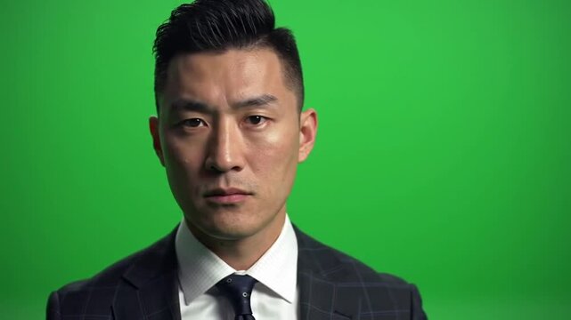 An Asian man standing without saying a word, very well dressed and with his hair done, just staring at the camera, against a green screen background.