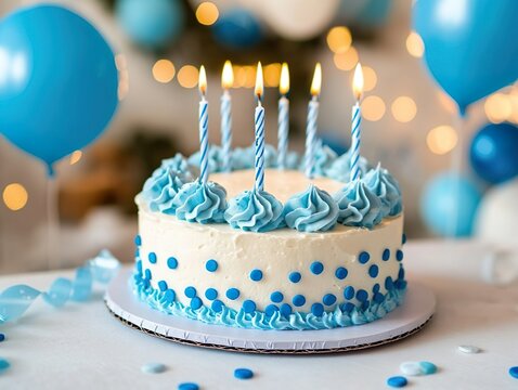 The birthday cake is on a table. It has white and blue frosting, light blue candles, blue-themed party decorations, and a lively and elegant atmosphere.
