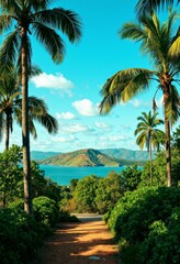 Palm Lined Path Leading to Turquoise Ocean with Lush Mountains and Bright Sky