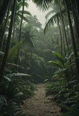 Misty Tropical Rainforest Path Surrounded by Palm Trees and Dense Greenery