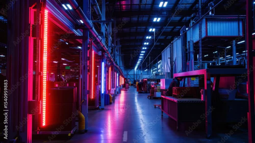 Poster exploring a vibrant warehouse illuminated by colorful neon lights in a modern industrial setting at 