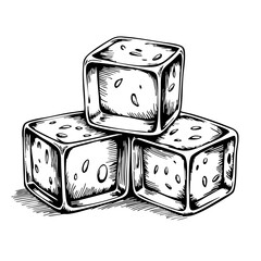 Ice cubes stacked in a vintage sketch style illustration  