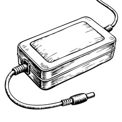 Vintage sketch of a laptop charger with cable details  