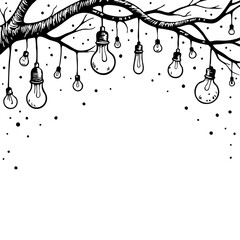 Vintage sketch of a tree branch with hanging light bulbs  