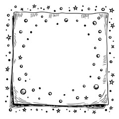Hand-drawn decorative border with stars and circles in vintage sketch style  