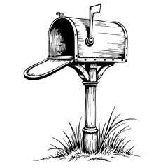 Vintage sketch of an open mailbox on a post in grassy area  