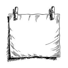 Sketch of a blank paper sheet hanging with clips as vintage sketch  