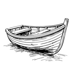 Vintage wooden boat sketch in rustic style on white background  