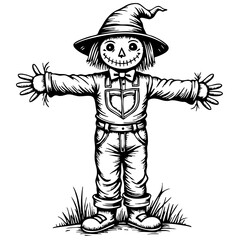 Scarecrow with outstretched arms in a vintage sketch style  