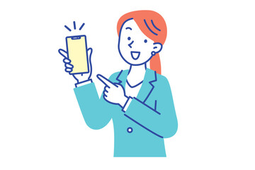 スマートフォンを持ってこちらを見ているスーツ姿の若い女性