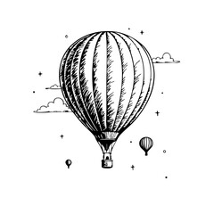 Hot air balloon sketch floating among clouds in vintage style  