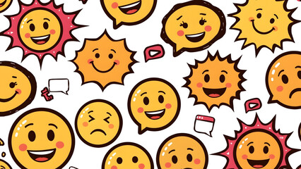 Playful comic style pattern with smiling sun and happy faces