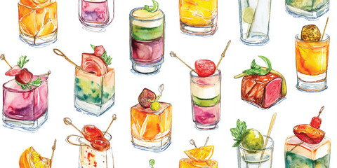 Layered Gourmet Cocktails and Mixed Drinks seamless Pattern. Sophisticated Beverage Presentation for design, textile, packaging, fabric, wallpaper, branding, wrapping paper interior decor.