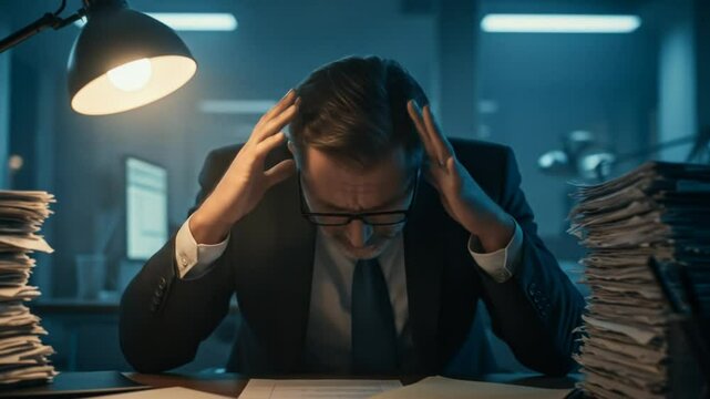 Overwhelmed Executive: A stressed executive, buried in paperwork and under the harsh glare of a desk lamp, struggles with mounting pressures.