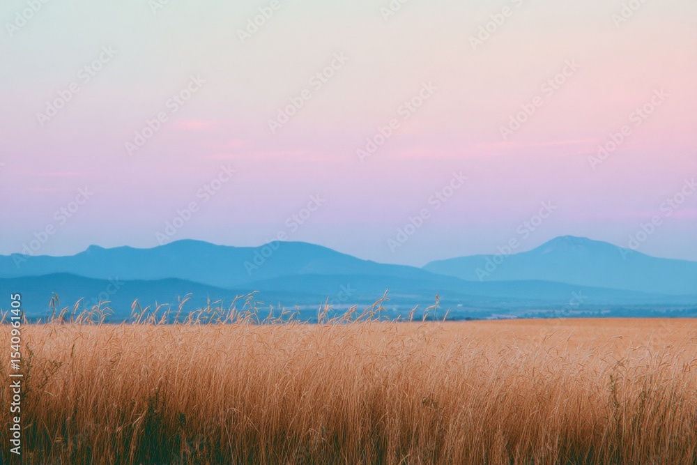 Poster a serene pastel sky background with distant mountains and wheat fields the soft hues of the dawn cre