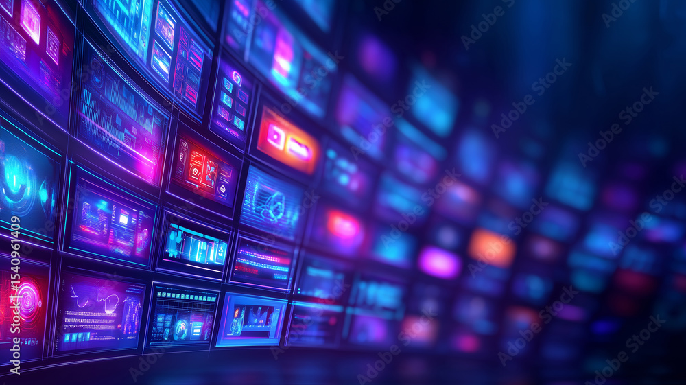 Poster a collection of colorful digital screens illuminates a dark space, displaying graphs, charts, and me