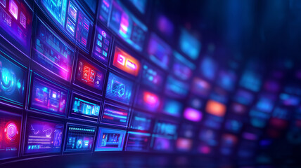 A collection of colorful digital screens illuminates a dark space, displaying graphs, charts, and metrics