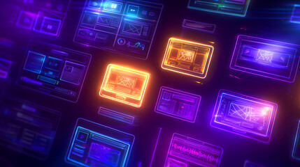 Multiple glowing computer screens display intricate data visualizations in a vibrant array of neon colors. This futuristic setup showcases advanced digital technology in a dynamic environment