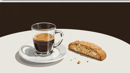 Espresso and Biscuit Delights: A detailed close-up showcases a steaming espresso coffee, alongside a delectable almond biscuit, on a simple table setup. An invitation to savor moment